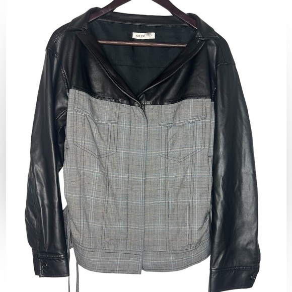 ADEAM Oversized Ruched Jacket Gray Plaid with faux Leather Sleeves - Picture 2 of 9